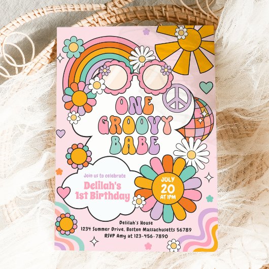 Een Groovy Babe 70s Flower Power Regenboog Verjaar Kaart
