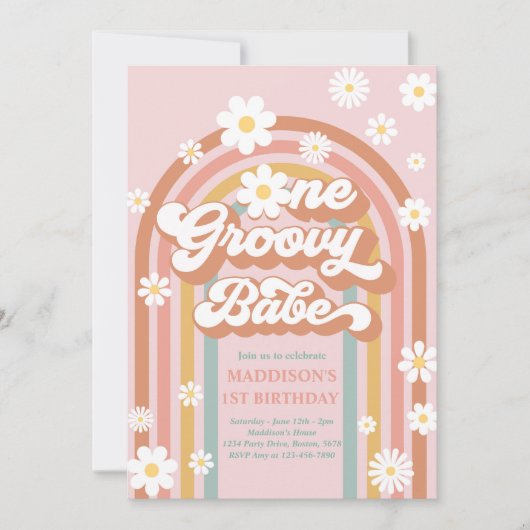 Eén Groovy Babe Boho Daisy Rainbow 1st Birthday Kaart (Voorkant)