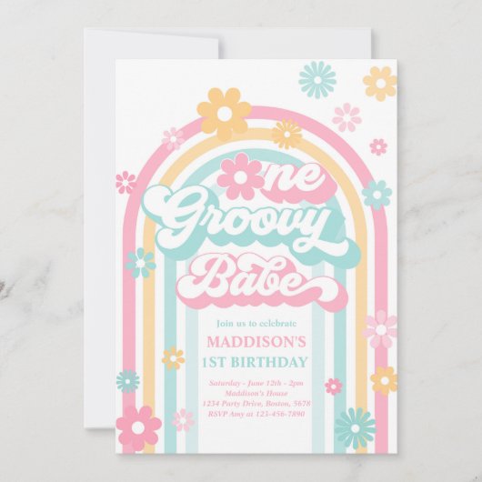 Eén Groovy Babe Boho Daisy Rainbow 1st Birthday Kaart (Voorkant)