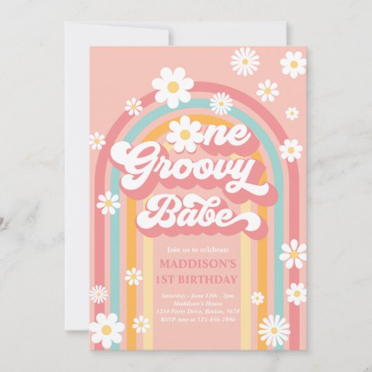 Eén Groovy Babe Boho Daisy Rainbow 1st Birthday Kaart (Voorkant)