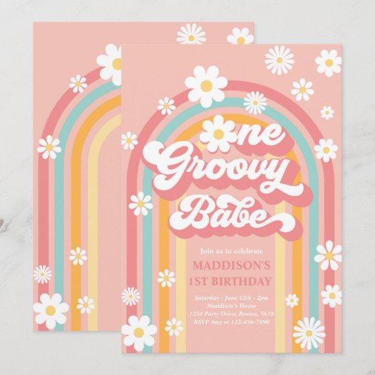 Eén Groovy Babe Boho Daisy Rainbow 1st Birthday Kaart (Voorkant / Achterkant)