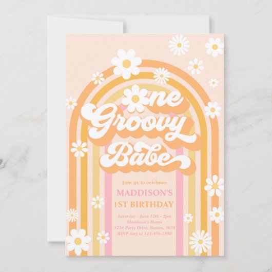Eén Groovy Babe Boho Daisy Rainbow 1st Birthday Kaart (Voorkant)