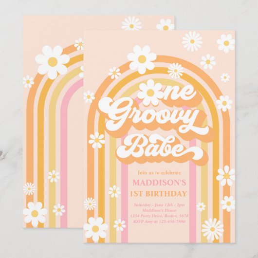 Eén Groovy Babe Boho Daisy Rainbow 1st Birthday Kaart (Voorkant / Achterkant)