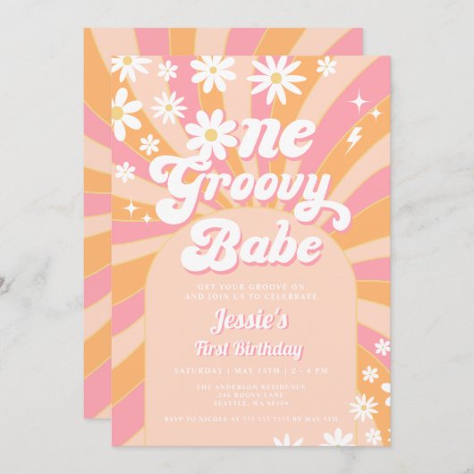 Een Groovy Babe Pink Daisy Retro 1e Verjaardag Kaart (Voorkant / Achterkant)