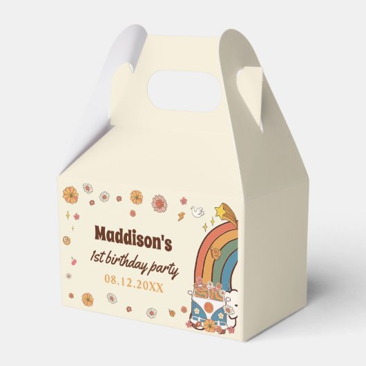 Een groovy babe retro regenboog 1e verjaardag bedankdoosjes (Voorkant Zijde)