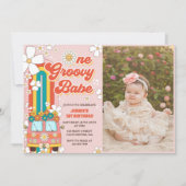 Een groovy babe retro regenboog 1e verjaardag foto kaart (Voorkant)