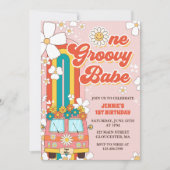 Een groovy babe retro regenboog 1e verjaardag kaart (Voorkant)