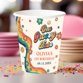 Een groovy babe retro regenboog 1e verjaardag papieren bekers