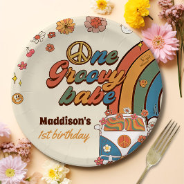 Een groovy babe retro regenboog 1e verjaardag papieren bordje