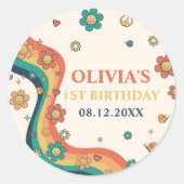 Een groovy babe retro regenboog 1e verjaardag ronde sticker (Voorkant)