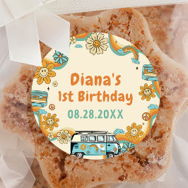 Een groovy babe retro regenboog 1e verjaardag ronde sticker