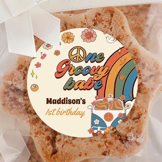 Een groovy babe retro regenboog 1e verjaardag ronde sticker