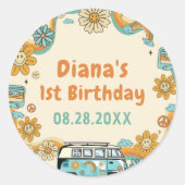 Een groovy babe retro regenboog 1e verjaardag ronde sticker (Voorkant)