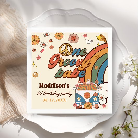Een groovy babe retro regenboog 1e verjaardag servet