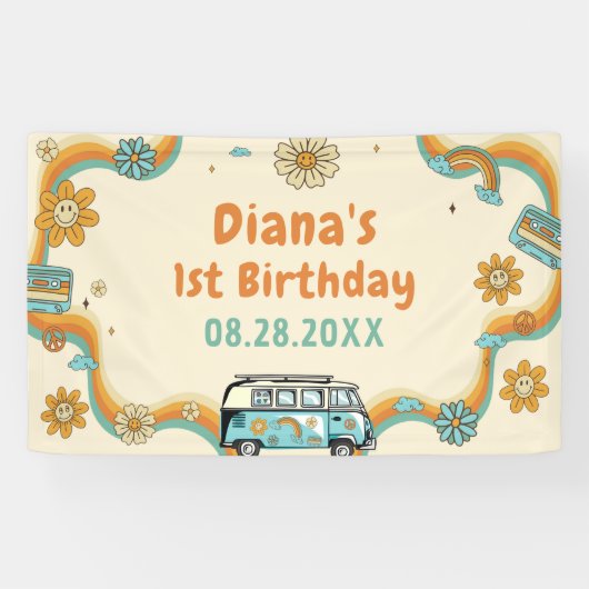 Een groovy babe retro regenboog 1e verjaardag spandoek (Horizontaal)