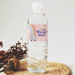 Een groovy babe retro regenboog 1e verjaardag waterfles etiket