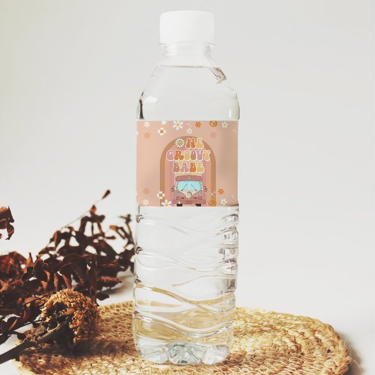 Een groovy babe retro regenboog 1e verjaardag waterfles etiket