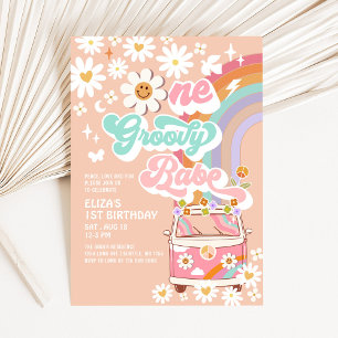 EEN Groovy Babe Roze Daisy Regenboog 1e Verjaardag Kaart