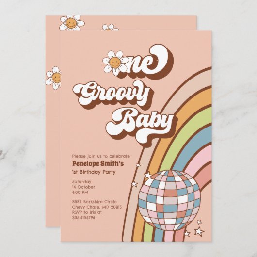 Een Groovy Baby 1e Verjaardagsfeestuitnodiging Kaart (Voorkant / Achterkant)