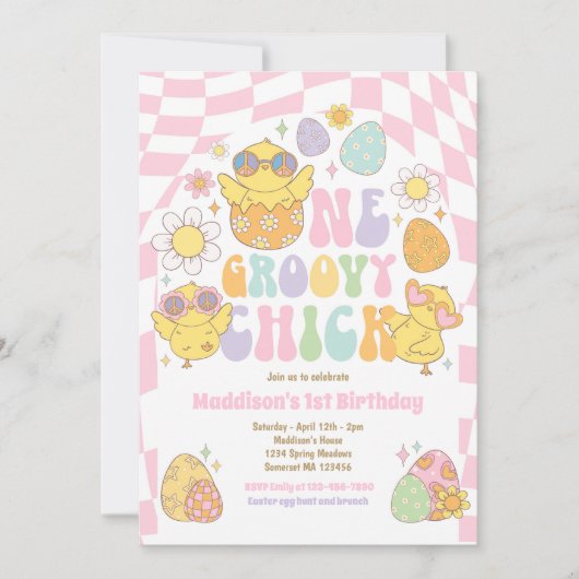 Een Groovy Chick Spring Daisy 1e verjaardagsfeestj Kaart (Voorkant)