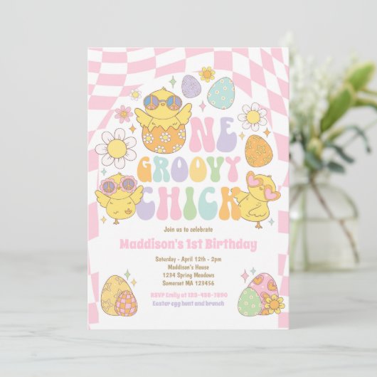 Een Groovy Chick Spring Daisy 1e verjaardagsfeestj Kaart (Staand voorkant)