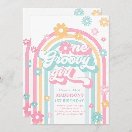 Eén Groovy Girl Boho Daisy Rainbow 1ste verjaardag Kaart (Voorkant / Achterkant)