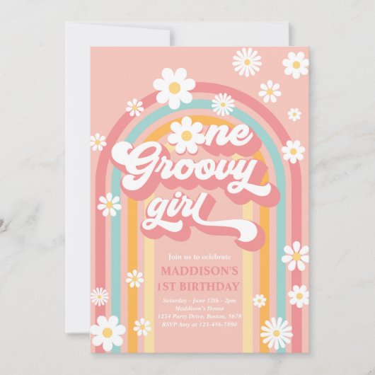 Eén Groovy Girl Boho Daisy Rainbow 1ste verjaardag Kaart (Voorkant)