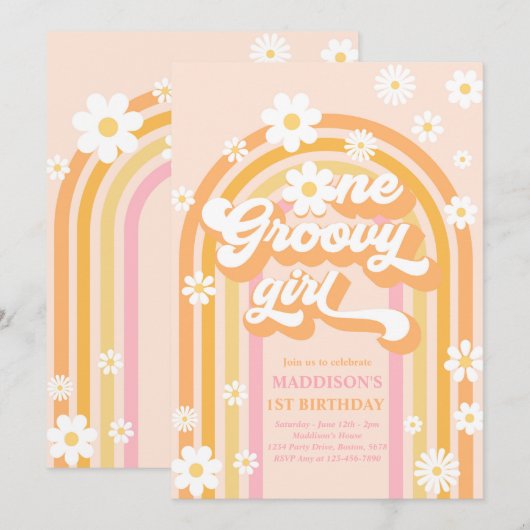 Eén Groovy Girl Boho Daisy Rainbow 1ste verjaardag Kaart (Voorkant / Achterkant)