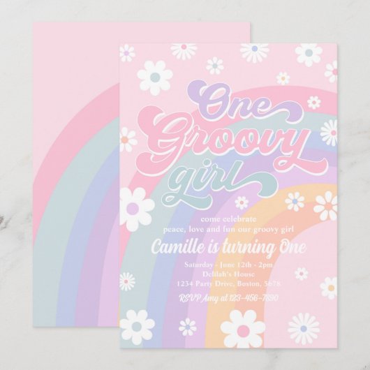 Een Groovy Girl Retro Daisy Pink Rainbow Birthday Kaart (Voorkant / Achterkant)