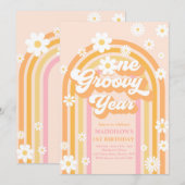Eén Groovy Jaar Boho Daisy Rainbow 1st Birthday Kaart (Voorkant / Achterkant)