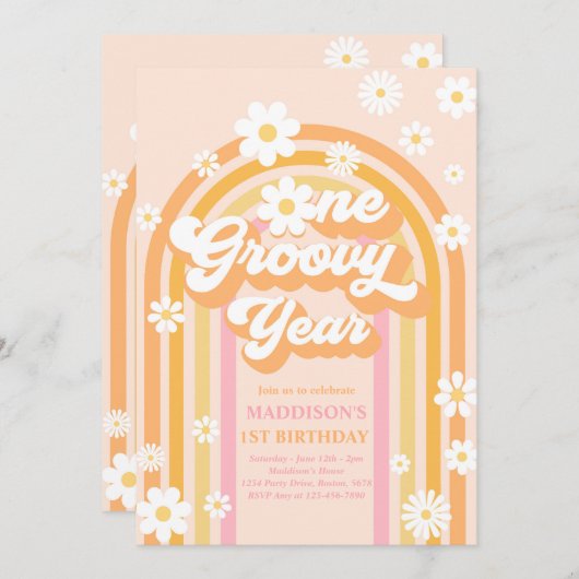 Eén Groovy Jaar Boho Daisy Rainbow 1st Birthday Kaart (Voorkant / Achterkant)