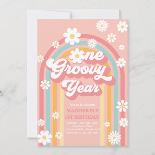 Eén Groovy Jaar Boho Daisy Rainbow 1st Birthday Kaart (Voorkant)