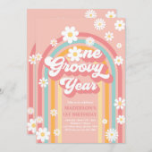 Eén Groovy Jaar Boho Daisy Rainbow 1st Birthday Kaart (Voorkant / Achterkant)