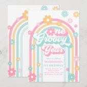 Eén Groovy Jaar Boho Daisy Rainbow 1st Birthday Kaart (Voorkant / Achterkant)