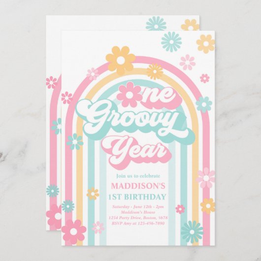 Eén Groovy Jaar Boho Daisy Rainbow 1st Birthday Kaart (Voorkant / Achterkant)
