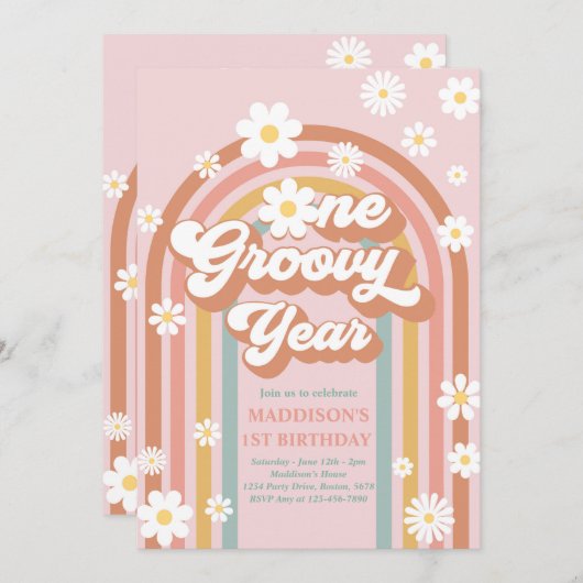 Eén Groovy Jaar Boho Daisy Rainbow 1st Birthday Kaart (Voorkant / Achterkant)