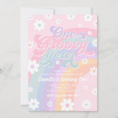 Eén Groovy Jaar Retro Daisy Pink Rainbow Birthday Kaart (Voorkant)