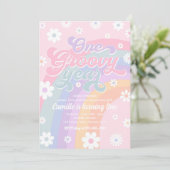Eén Groovy Jaar Retro Daisy Pink Rainbow Birthday Kaart (Staand voorkant)