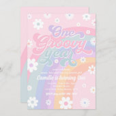 Eén Groovy Jaar Retro Daisy Pink Rainbow Birthday Kaart (Voorkant / Achterkant)