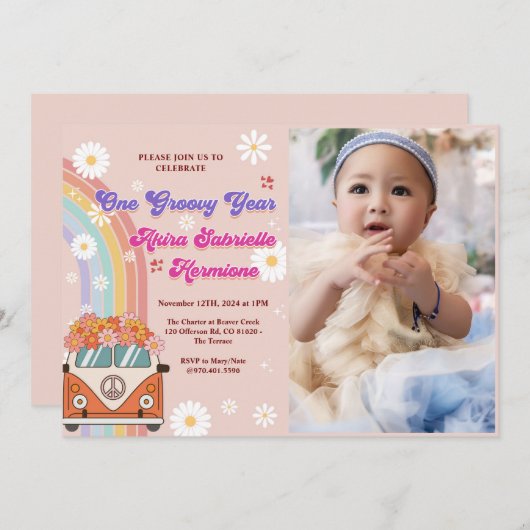 Een groovy jaar retro regenboog 1e verjaardag foto kaart (Voorkant / Achterkant)