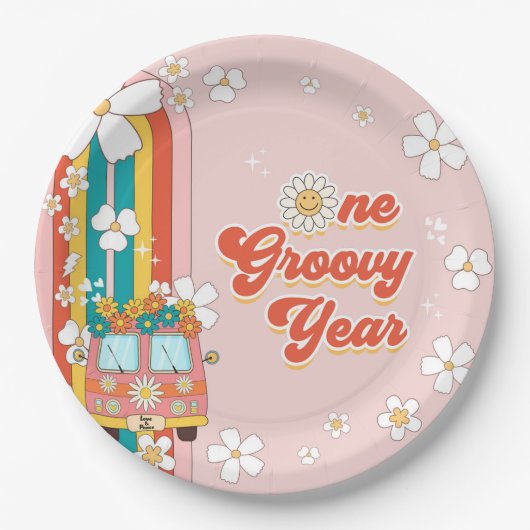 Een Groovy Jaar Retro Regenboog 1e Verjaardag Papieren Bordje (Voorkant)