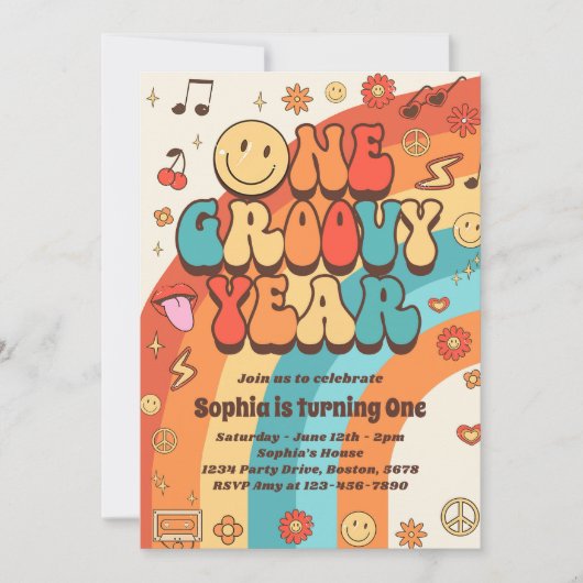 Een groovy jaar retro regenboog 1e verjaardagsfees kaart (Voorkant)