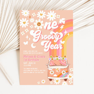 EEN Groovy Jaar Tweeling Roze Perzik 1e Verjaardag Kaart