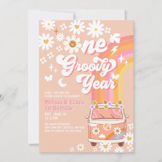 EEN Groovy Jaar Tweeling Roze Perzik 1e Verjaardag Kaart (Voorkant)