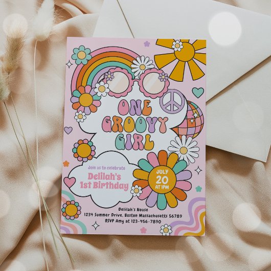 Een Groovy Meisje 70s Flower Power Regenboog Verja Kaart