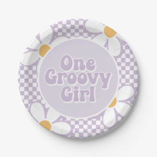 Eén Groovy Meisje Paarse Madeliefjes Checker Papieren Bordje