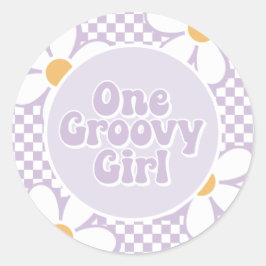 Eén Groovy Meisje Paarse Madeliefjes Checker Ronde Sticker