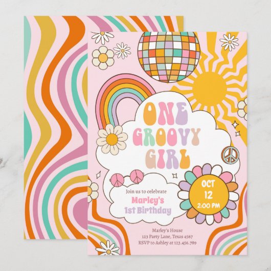 Een Groovy Meisje Retro 70s Regenboog 1e verjaarda Kaart (Voorkant / Achterkant)