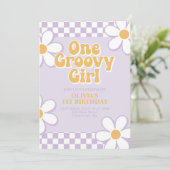 Een Groovy Meisje Retro Check Lila Daisy Kaart (Staand voorkant)