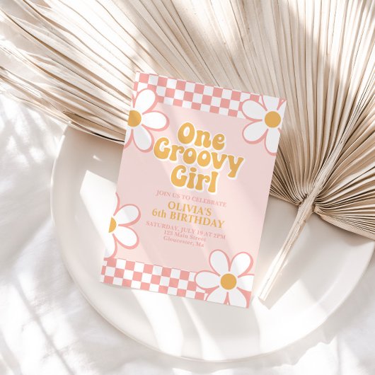 Eén Groovy Meisje Retro Damesbloem Roze Kaart